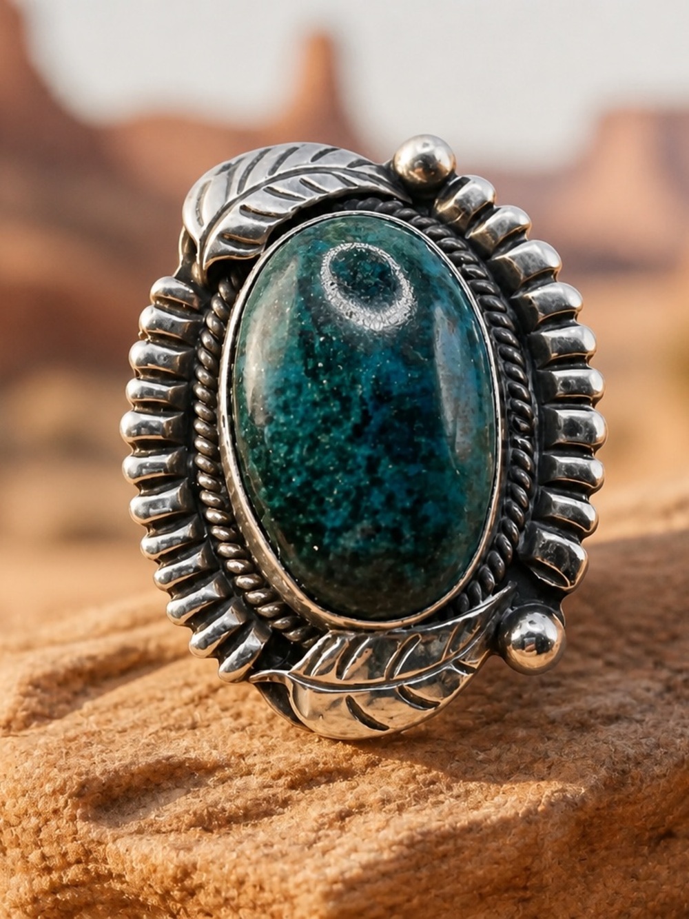 Size 7 925 Sterling Silver Teal Chrysocolla Statement Ring